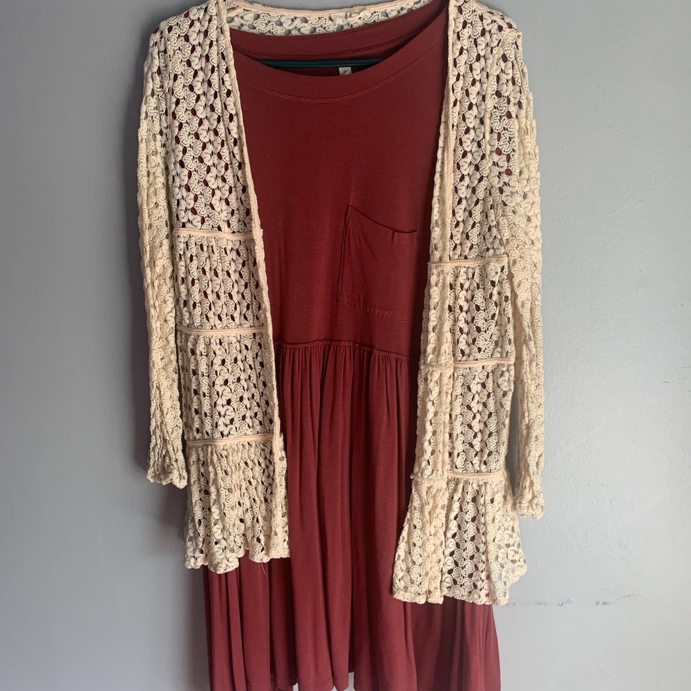 Maroon flowy dress with knitted sweater